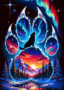 Wolf Howling in Paw Print Landscape