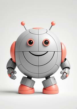 Smiling Round Robot — Cute 3D Toy Portrait in Soft Gray & Coral