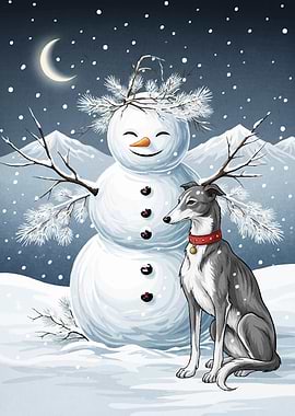 Snowman Dog Winter Scene