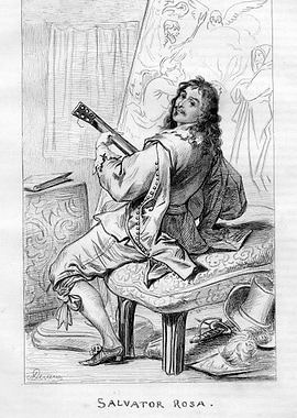 Salvator Rosa playing guitar, vintage illustration
