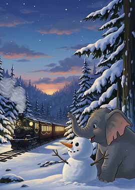 Winter Wonderland: Elephant, Snowman, and Train