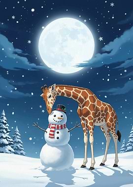 Giraffe and Snowman Under Moonlight