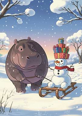 Hippo pulling snowman on sled in snow