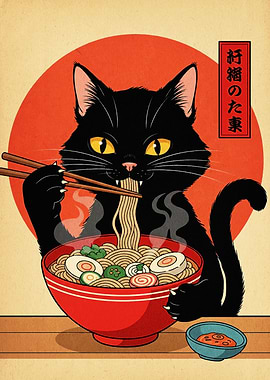 Black Cat Eating Ramen Illustration