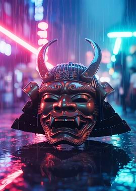Samurai Mask in Neon Rain