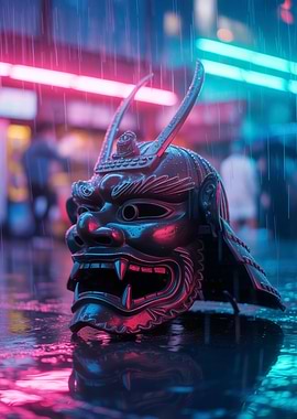 Cyberpunk Samurai Mask in Rainy City