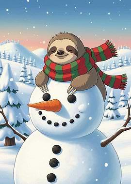 Sloth on Snowman in Winter Landscape