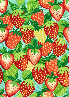 Strawberry Pattern with Green Leaves