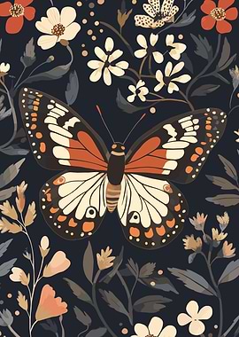 Butterfly and Floral Pattern on Dark Background