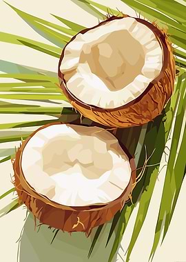 Coconut Halves with Palm Leaf