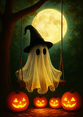Halloween Ghost on Swing with Pumpkins