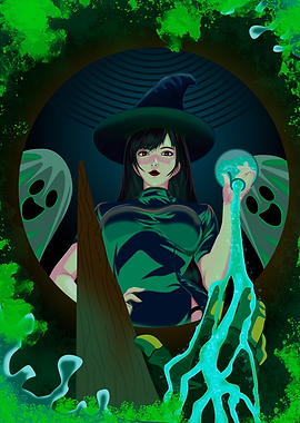 Green Witch with Potion and Ghosts