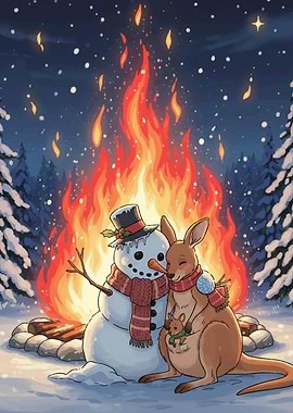 Snowman and Kangaroo by Campfire