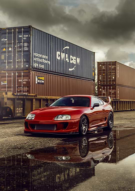 Red Toyota Supra with Shipping Containers