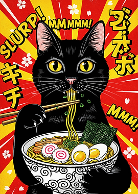 Black Cat Eating Ramen Illustration