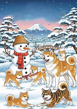 Akita Dogs Snowman Winter
