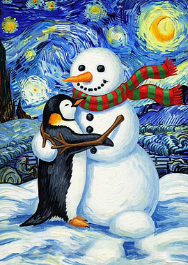 Penguin Snowman Starry Night