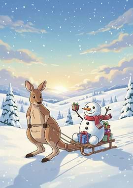 Kangaroo pulling a snowman on sled