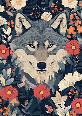 Wolf Portrait Surrounded by Flowers