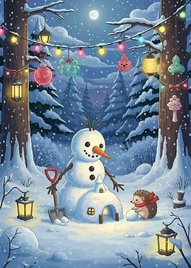 Winter Wonderland with Snowman and Hedgehog