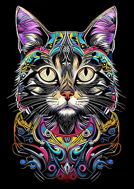Colorful Cat Portrait on Black Background