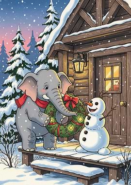 Elephant and Snowman Christmas Cartoon