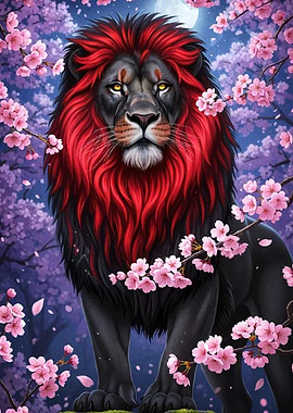Lion Red Mane Cherry Blossoms