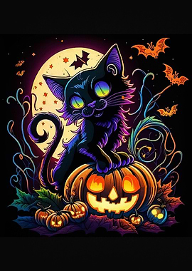 Halloween Cat on Pumpkin