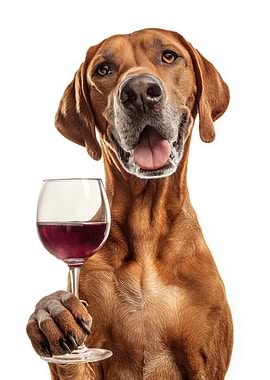 Redbone Coonhound dog with Wine Glass