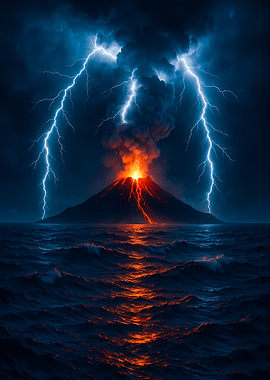 Volcanic Eruption with Lightning Over Ocean