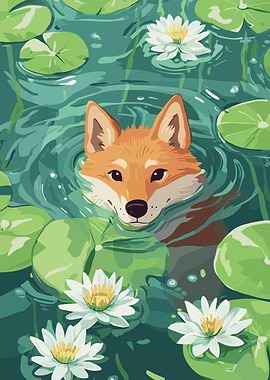 Fox in Water Lily Pond