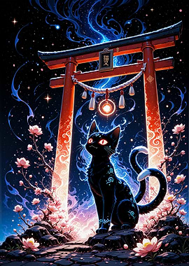Nekomata Black Cat Torii Gate Cherry Blossom Sakura