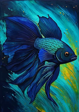 Elegant Blue Green Betta Fish Painting