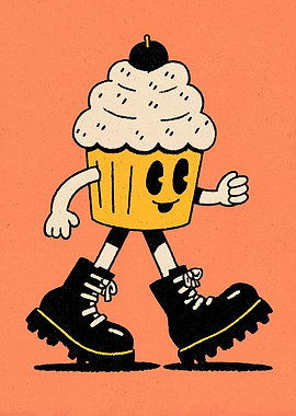 Cartoon Cupcake Walking in Boots