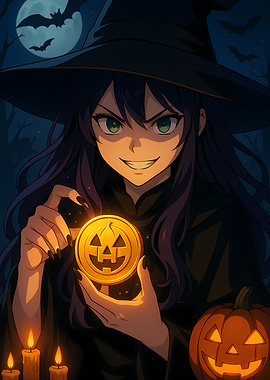 Anime Witch with Halloween Pumpkin Coin