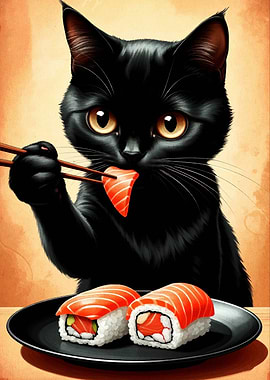 Black Cat Eating Sushi