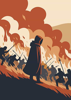 Hooded Figure Amidst Battle Scene