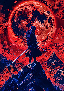 Blood-Moon Sentinel - Samurai on Red Moon Peak