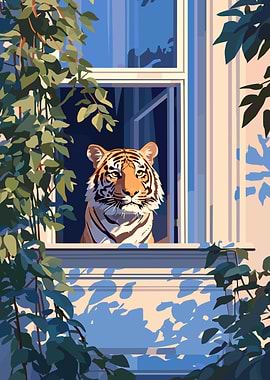 Tiger in Window with Vines
