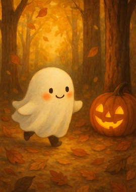 Cute Ghost and Pumpkin in Autumn Forest