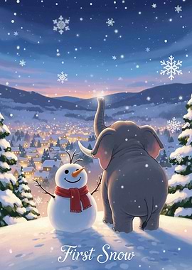 Elephant and Snowman in Winter Scene