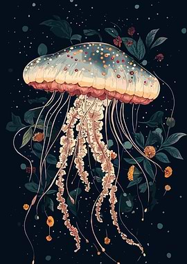 Floral Jellyfish Illustration on Dark Background