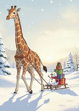 Giraffe pulling Christmas gifts on sled