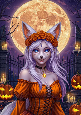 Halloween Fox Girl with Moon