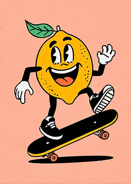 Cartoon Lemon Character on Skateboard