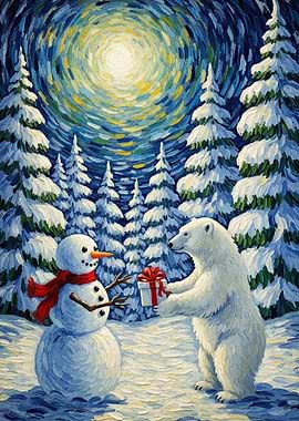 Polar Bear Giving Gift Snowman