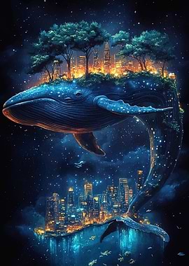 Whale Cityscape Starry Night
