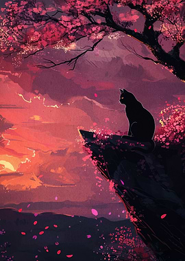 Black Cat Silhouette Under Cherry Blossoms
