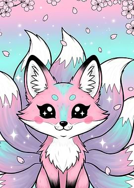 Japanese Aesthetes – Kawaii Fox Spirit in Pastel Cherry Blossom Scene