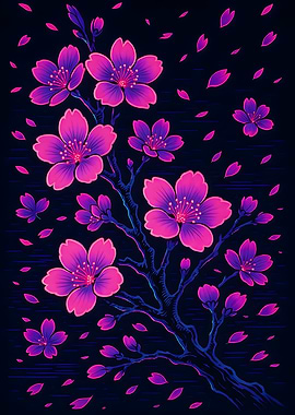Japanese Aesthetics – Neon Cherry Blossoms on Dark Background